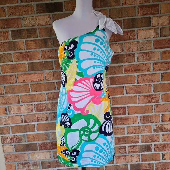 One Shoulder Dress Lilly Pulitzer Minta 32973 Shell Print Plus Size 14 Cotton - Picture 1 of 10